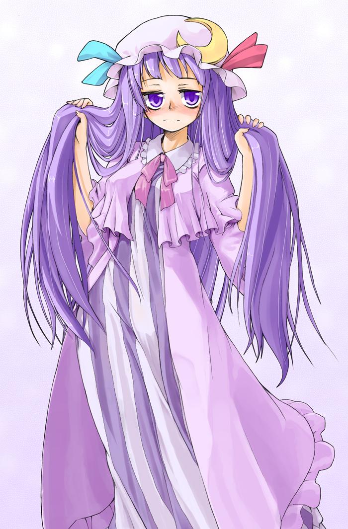 hakui ami, patchouli knowledge, touhou, photoshop (medium), 1girl, bow, bunching hair, crescent, crescent hat ornament, female focus, hat, hat ornament, long hair, pink bow, purple eyes, purple hair, solo