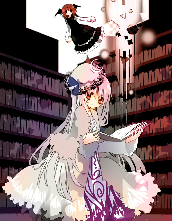 saya (sayaya), koakuma, patchouli knowledge, embodiment of scarlet devil, touhou, photoshop (medium), 2girls, bat wings, book, braid, crescent hat ornament, female focus, hat, hat ornament, indoors, long hair, multiple girls, wings