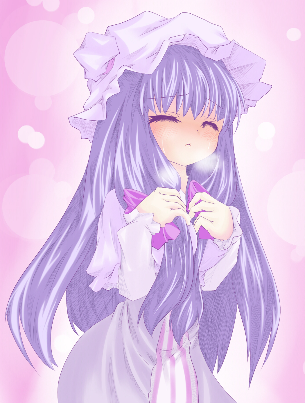 patchouli knowledge, touhou, bad id, bad pixiv id, highres, 1girl, :<, blush, braid, closed eyes, female focus, hat, purple eyes, purple hair, solo