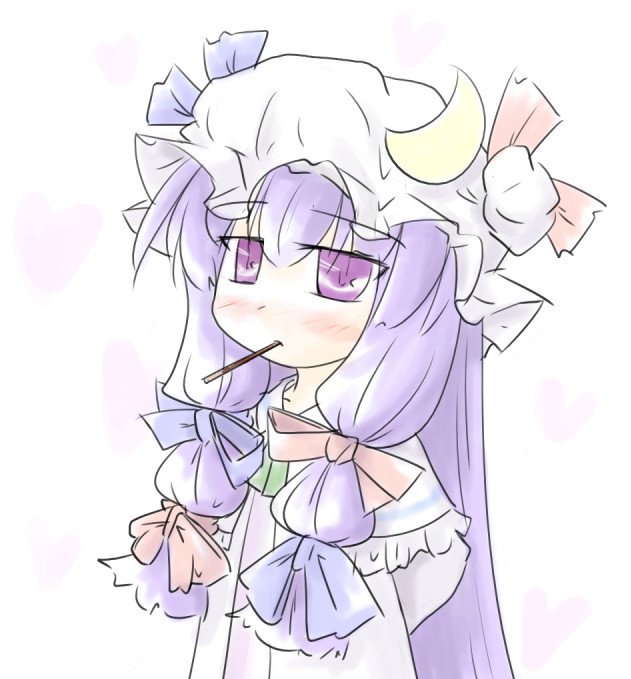 natsuki (silent selena), patchouli knowledge, touhou, bad id, bad pixiv id, 1girl, blush, braid, chibi, crescent, crescent hat ornament, female focus, food, hat, hat ornament, long hair, pocky, purple eyes, purple hair, solo