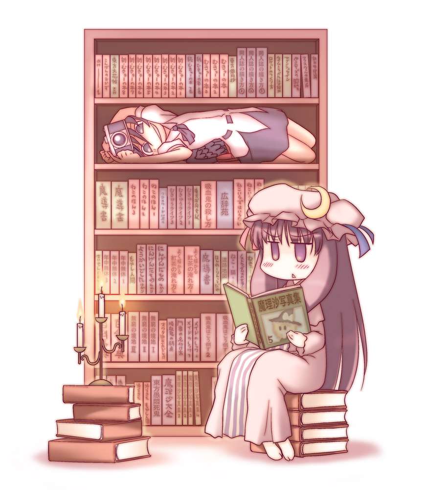 nekoguruma, patchouli knowledge, shameimaru aya, touhou, partially translated, photoshop (medium), translation request, 2girls, braid, camera, chibi, crescent hat ornament, female focus, geta, hat, hat ornament, long hair, multiple girls, purple eyes, purple hair, tengu-geta