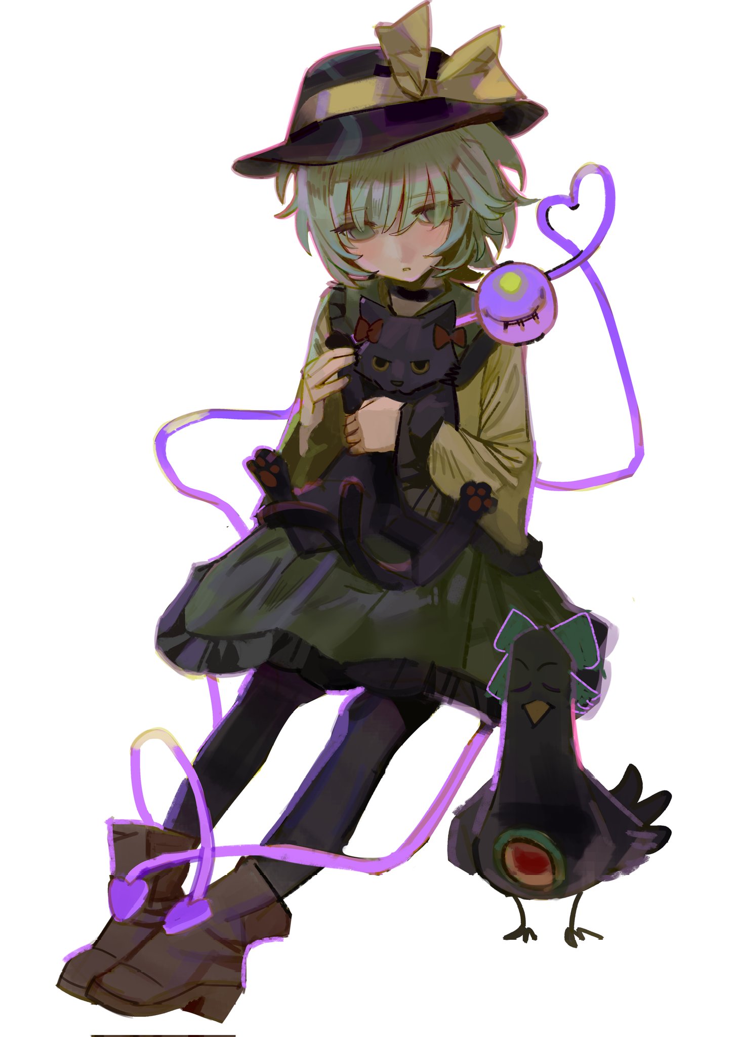 kofi-mo, kaenbyou rin, kaenbyou rin (cat), komeiji koishi, reiuji utsuho, reiuji utsuho (bird), touhou, highres, 1girl, black hat, blush, bow, frills, green eyes, green hair, green skirt, hat, hat ribbon, heart, heart of string, long sleeves, open mouth, ribbon, shirt, short hair, skirt, smile, third eye, wide sleeves, yellow shirt