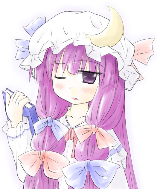 natsuki (silent selena), patchouli knowledge, touhou, bad id, bad pixiv id, 1girl, bow, crescent, crescent hat ornament, female focus, hat, hat ornament, long hair, pink bow, purple eyes, purple hair, solo