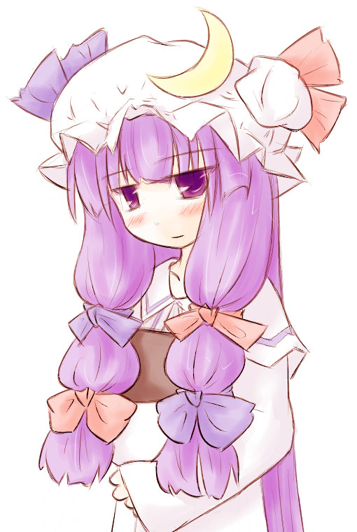 natsuki (silent selena), patchouli knowledge, touhou, bad id, bad pixiv id, 1girl, bow, crescent, crescent hat ornament, female focus, hat, hat ornament, long hair, pink bow, purple eyes, purple hair, solo