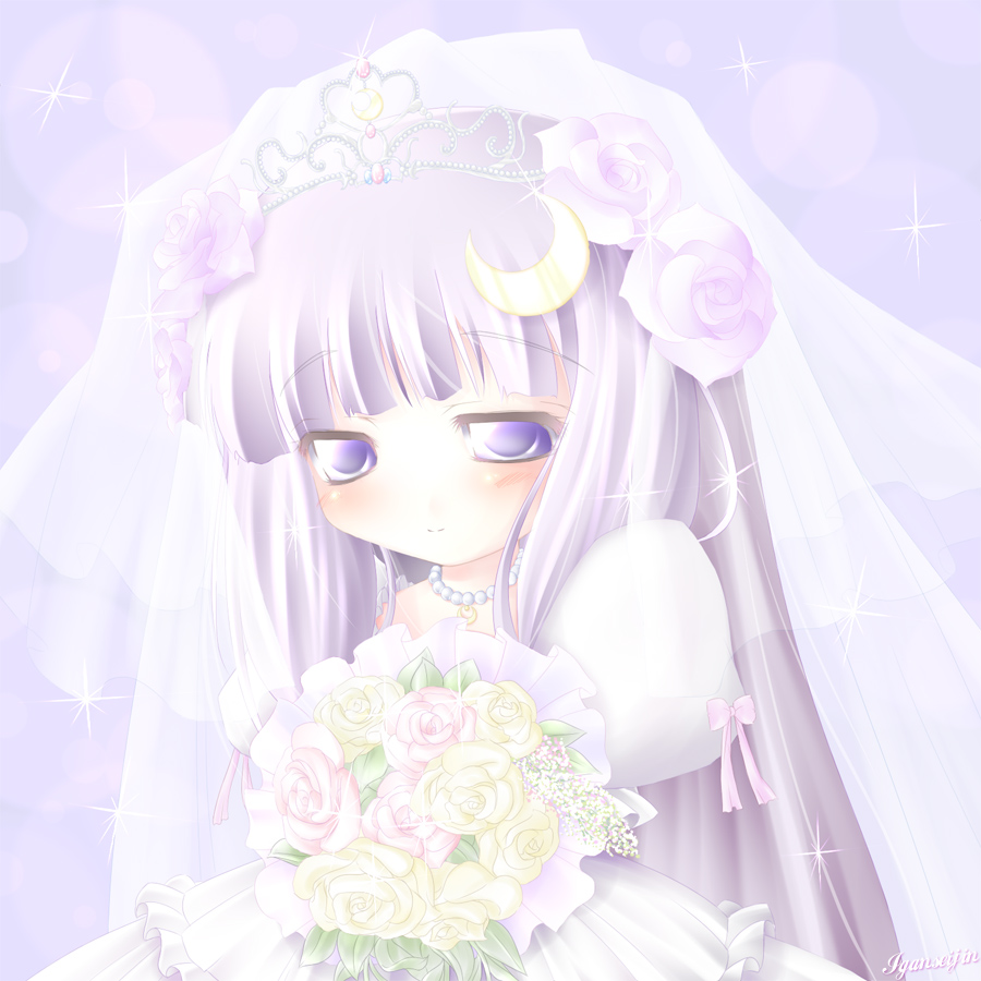 iganseijin, patchouli knowledge, touhou, 1girl, braid, bridal veil, bride, crescent hat ornament, dress, female focus, hat, hat ornament, long hair, purple eyes, purple hair, solo, tiara, veil, wedding dress