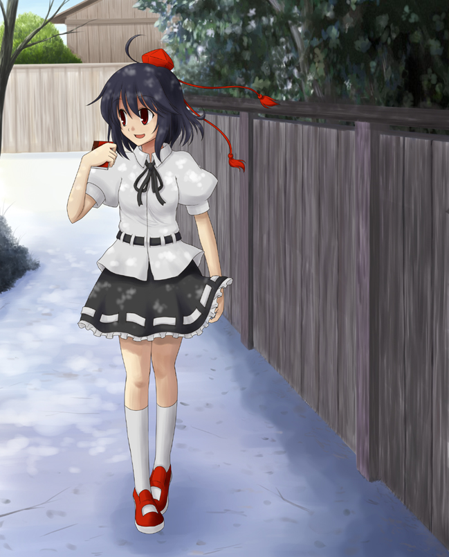 bluepony, shameimaru aya, touhou, looking away, 1girl, black hair, book, female focus, hat, kneehighs, open mouth, red eyes, short hair, smile, socks, solo, tokin hat, white socks