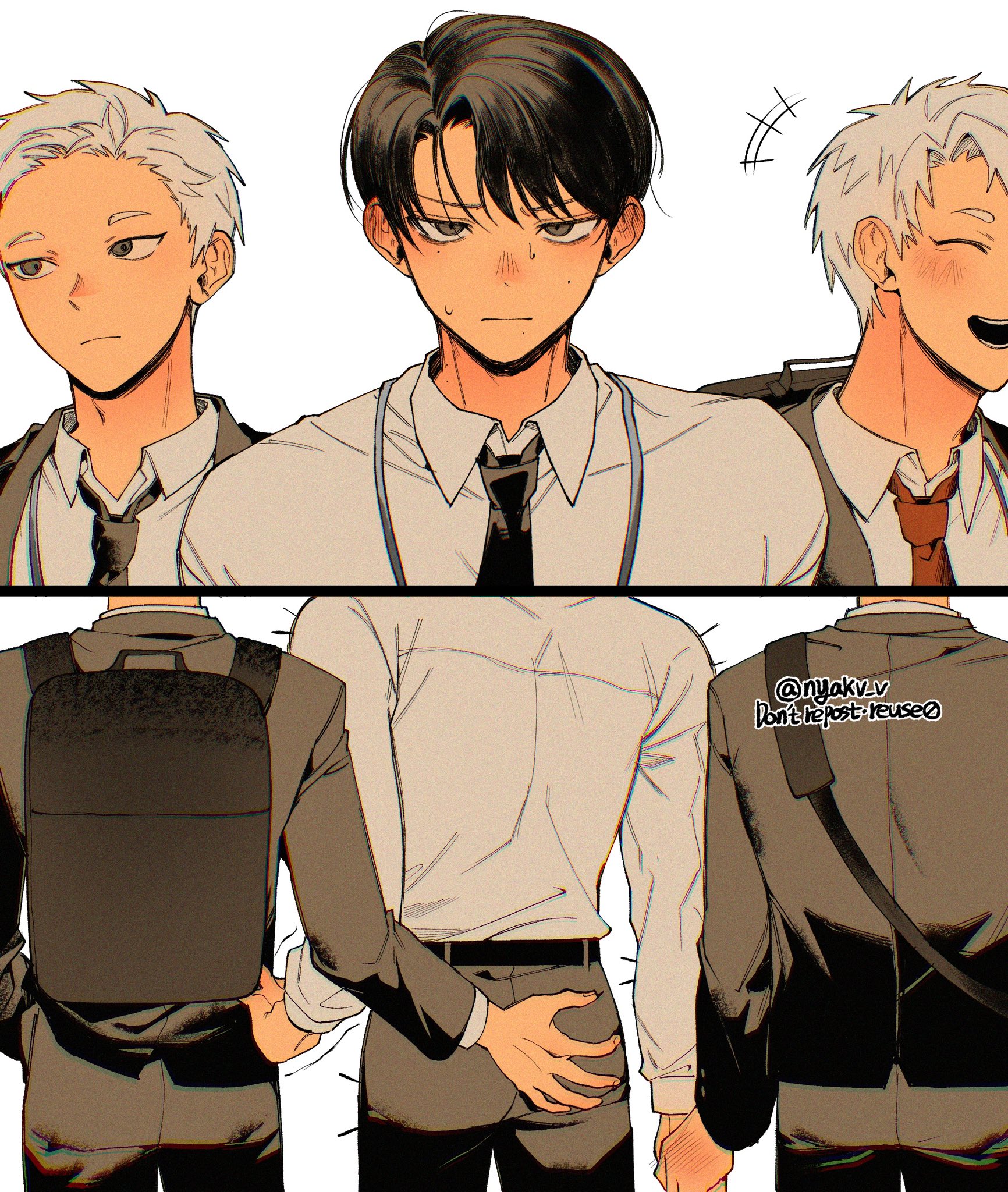 indou hikaru, tsujinaka yoshiki, hikaru ga shinda natsu, hashtag-only commentary, highres, 3boys, aged up, alternate hairstyle, backpack, bag, belt, black belt, black eyes, black hair, black necktie, black pants, blush, closed eyes, closed mouth, collared shirt, crossbody bag, dual persona, ear blush, embarrassed, formal clothes, hand on another's ass, hand on another's hip, holding hands, indou hikaru (human), jacket, long sleeves, looking at viewer, looking to the side, male focus, mole, mole on cheek, mole on neck, mole under eye, mole under mouth, multiple boys, multiple moles, necktie, nyakv v, open mouth, pants, shirt, shirt tucked in, simple background, suit, suit jacket, teeth, twitter username, white background, white shirt, yaoi