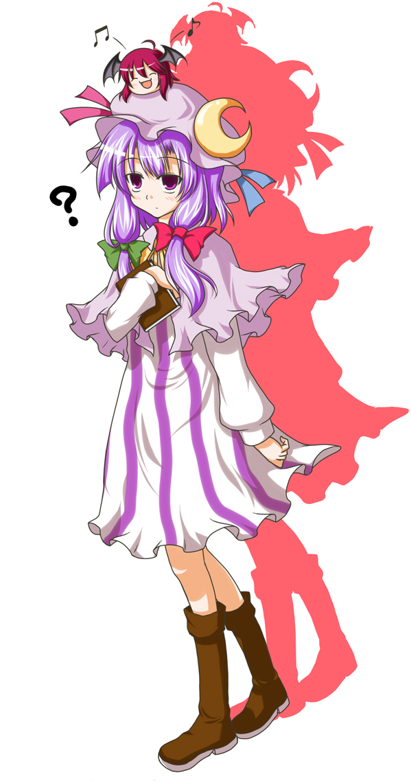 bluepony, koakuma, patchouli knowledge, embodiment of scarlet devil, touhou, photoshop (medium), 2girls, :d, ?, ^ ^, book, boots, chibi, chibi on head, closed eyes, crescent, crescent hat ornament, female focus, full body, hair ribbon, hat, hat ornament, holding, holding book, hugging book, hugging object, multiple girls, musical note, on head, open mouth, purple eyes, purple hair, ribbon, smile, solo, standing, white background, yukkuri shiteitte ne