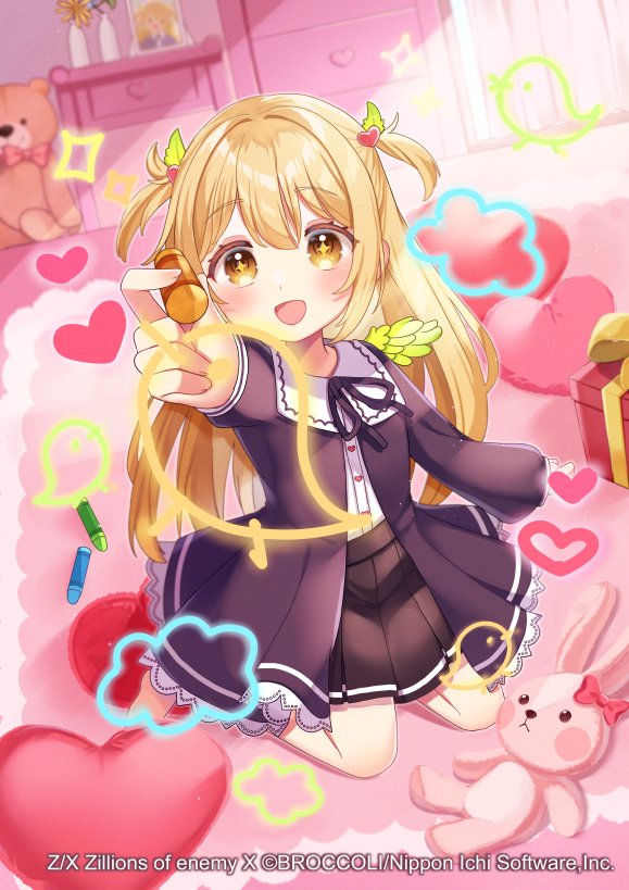 mokuharu, z/x, official art, + +, 1girl, aged down, black jacket, black skirt, blonde hair, box, cana (z/x), copyright notice, drawing on fourth wall, feather hair ornament, feathered wings, feathers, gift, gift box, green wings, hair ornament, heart, heart cushion, heart hair ornament, holding, holding pen, indoors, jacket, long hair, mini wings, open mouth, pen, shirt, sitting, skirt, solo, stuffed animal, stuffed rabbit, stuffed toy, teddy bear, two side up, wariza, white shirt, wings, yellow eyes