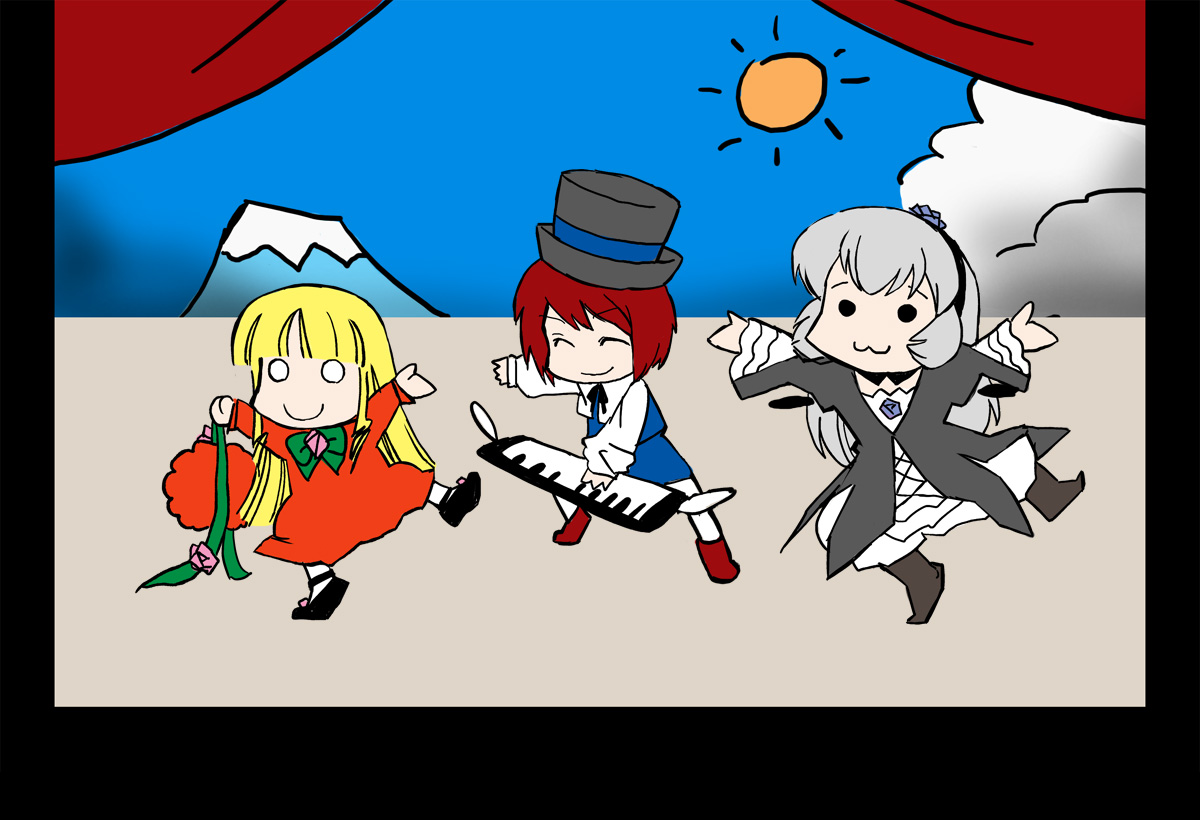 azuki osamitsu, shinku, souseiseki, suigintou, rozen maiden, silver hair, :3, blonde hair, bonnet, brown hair, chibi, hat, instrument, keyboard, keyboard (instrument), long hair, parody, synthesizer