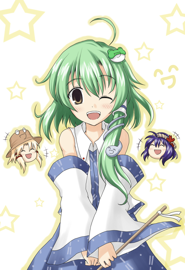 bluepony, kochiya sanae, moriya suwako, yasaka kanako, touhou, 3girls, :d, ^ ^, ahoge, blonde hair, brown eyes, closed eyes, detached sleeves, female focus, green hair, hat, multiple girls, open mouth, purple hair, skirt, smile, white background, wink, yukkuri shiteitte ne