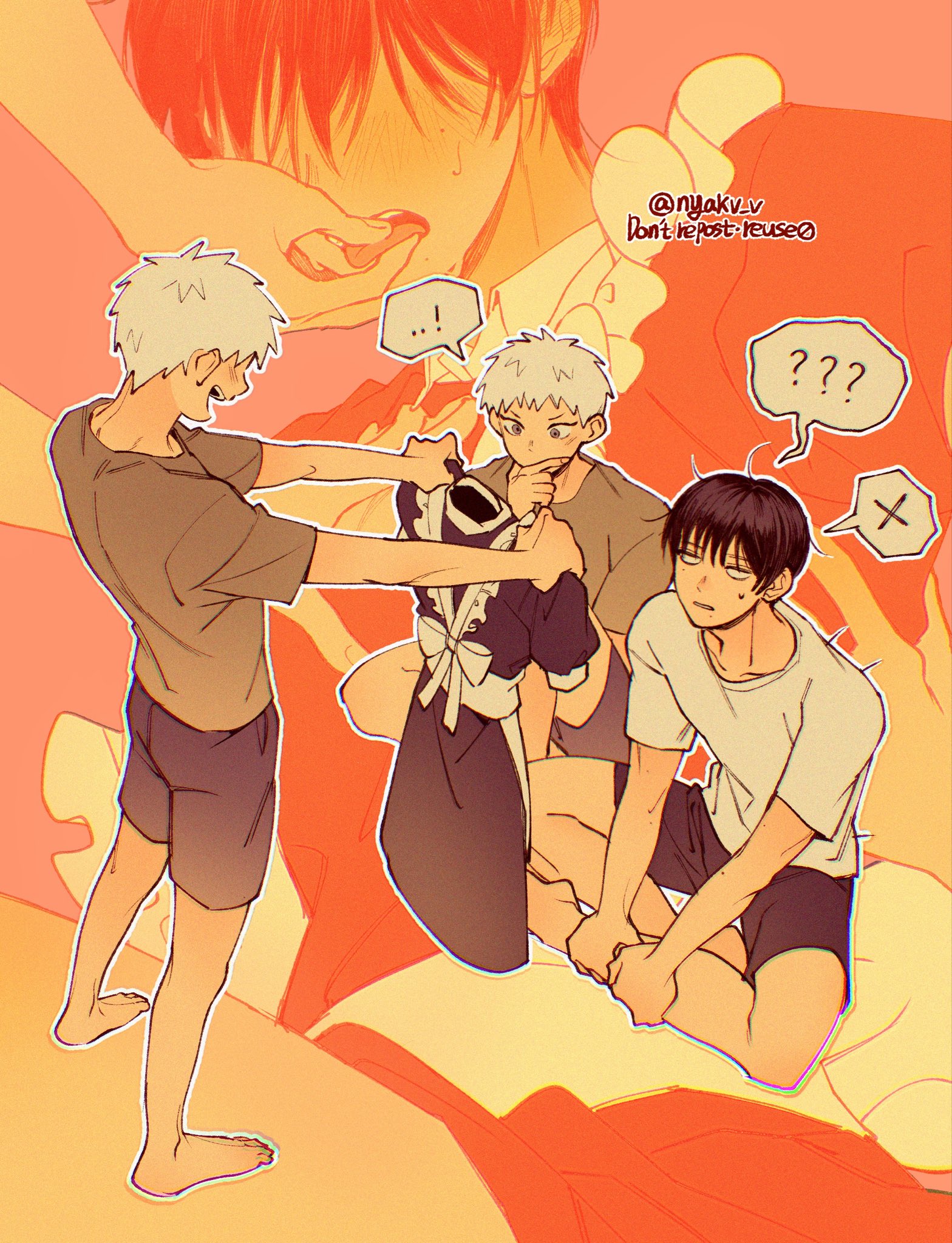 indou hikaru, tsujinaka yoshiki, hikaru ga shinda natsu, hashtag-only commentary, highres, !, …!, 3boys, ?, ??, black hair, black shorts, blush, collarbone, crossed legs, dual persona, ear blush, embarrassed, from above, grey shirt, holding another's tongue, indou hikaru (human), invisible floor, maid, male focus, mole, mole on arm, mole under eye, mole under mouth, multiple boys, multiple moles, no eyes, nyakv v, outline, shirt, short hair, shorts, sitting, spoken exclamation mark, spoken x, standing, tongue, tongue out, white hair, white outline, white shirt