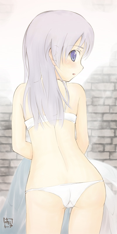 eila ilmatar juutilainen, hanyu, strike witches, world witches series, long image, tall image, 00s, 1girl, ass, blue eyes, blush, bra, brick, female focus, from behind, lingerie, long hair, looking back, panties, purple hair, signature, solo, string panties, trefoil, underwear, underwear only