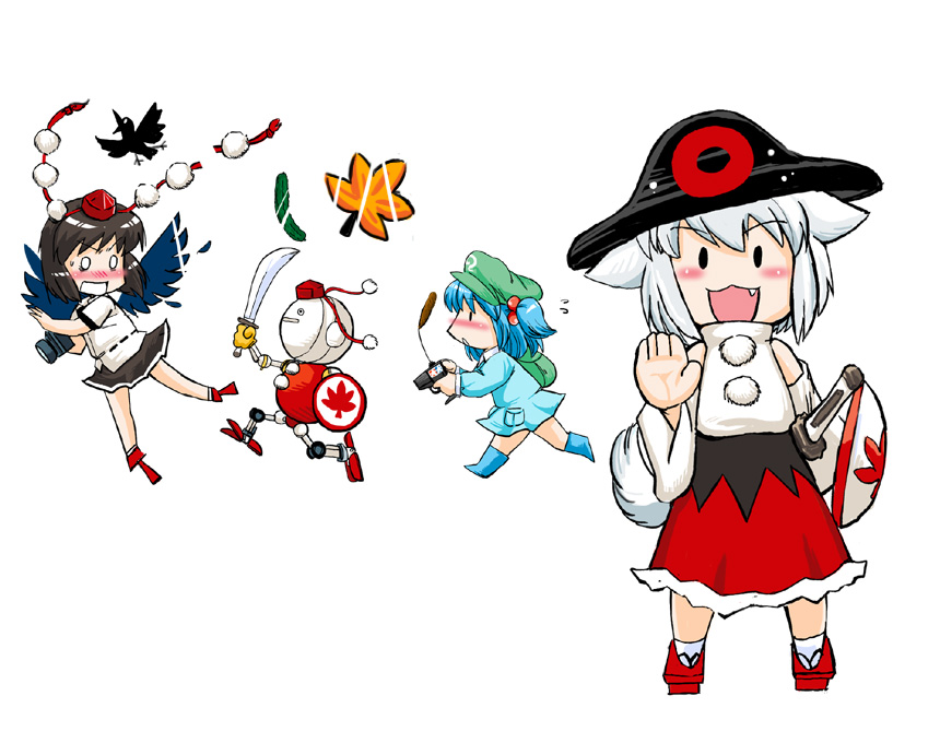 azuki osamitsu, banpei, banpei-kun rx, inubashiri momiji, kawashiro nitori, shameimaru aya, aa megami-sama, touhou, 4girls, animal ears, backpack, bag, bird, black wings, blue hair, camera, chibi, controller, crossover, crow, cucumber, geta, hand fan, hat, multiple girls, o o, parody, randoseru, remote control, robot, shield, short hair, skirt, sword, tail, tengu-geta, tokin hat, two side up, weapon, white hair, wings, wolf ears, wolf tail