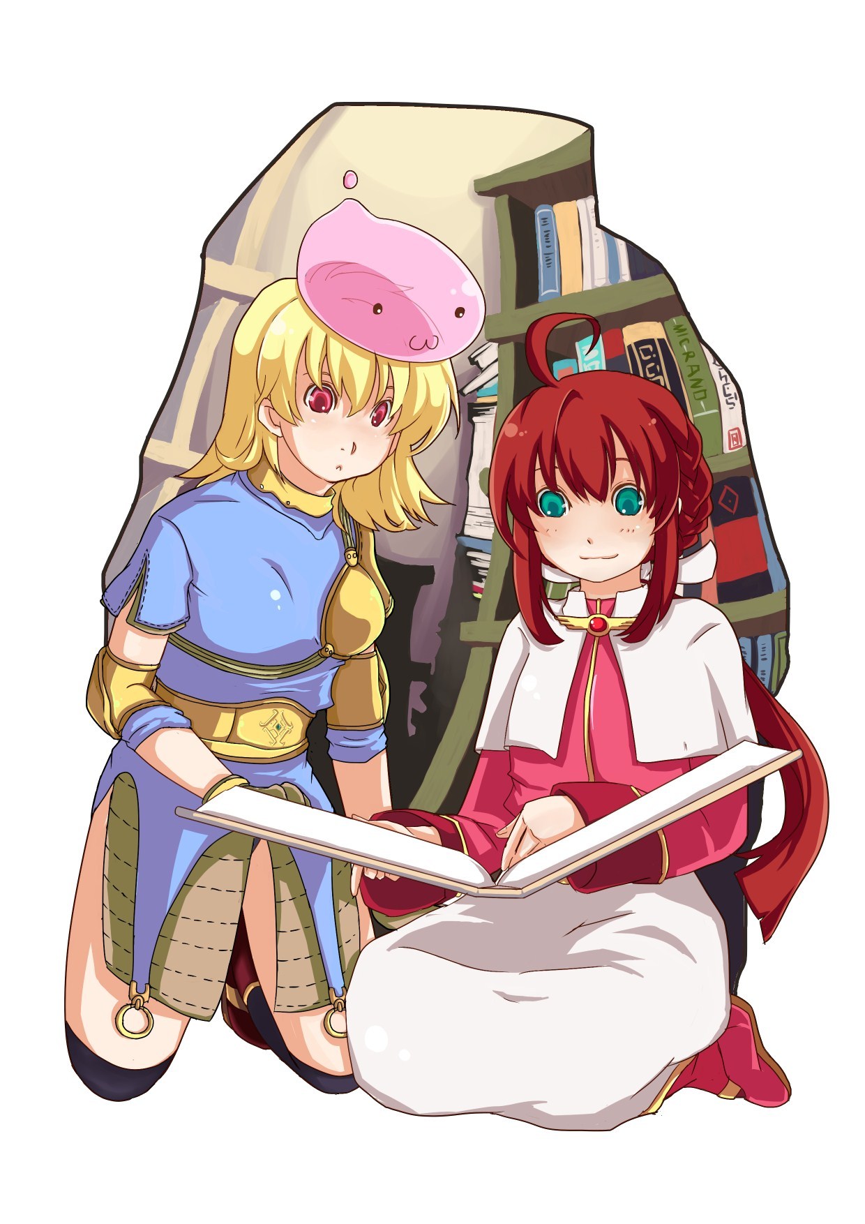 acolyte (ragnarok online), archer (ragnarok online), poring, ragnarok online, chinese commentary, commentary request, highres, 2girls, :3, abcdyey, ahoge, armored skirt, black thighhighs, blonde hair, blue eyes, blue shirt, blush, book, breasts, brown gloves, capelet, closed mouth, full body, gloves, kneeling, library, long hair, long sleeves, medium breasts, medium hair, multiple girls, muneate, open book, pink shirt, reading, red eyes, red hair, red shoes, seiza, shelf, shirt, shoes, short sleeves, sitting, skirt, slime (creature), smile, thighhighs, white capelet, white skirt