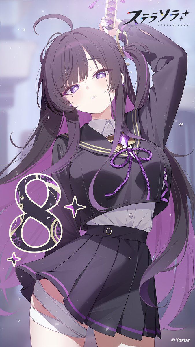deyui, chitose (stella sora), stella sora, commentary, highres, official art, 1girl, ahoge, arm up, bandaged leg, bandages, black sailor collar, black shirt, black skirt, breasts, colored inner hair, copyright logo, copyright name, countdown, cowboy shot, hair intakes, holding, holding sword, holding weapon, large breasts, layered shirt, logo, long hair, looking at viewer, miniskirt, mole, mole under eye, multicolored hair, one side up, parted lips, pleated skirt, purple eyes, purple hair, sailor collar, school uniform, serafuku, shirt, sidelocks, skirt, solo, sword, two-tone hair, very long hair, weapon, white shirt
