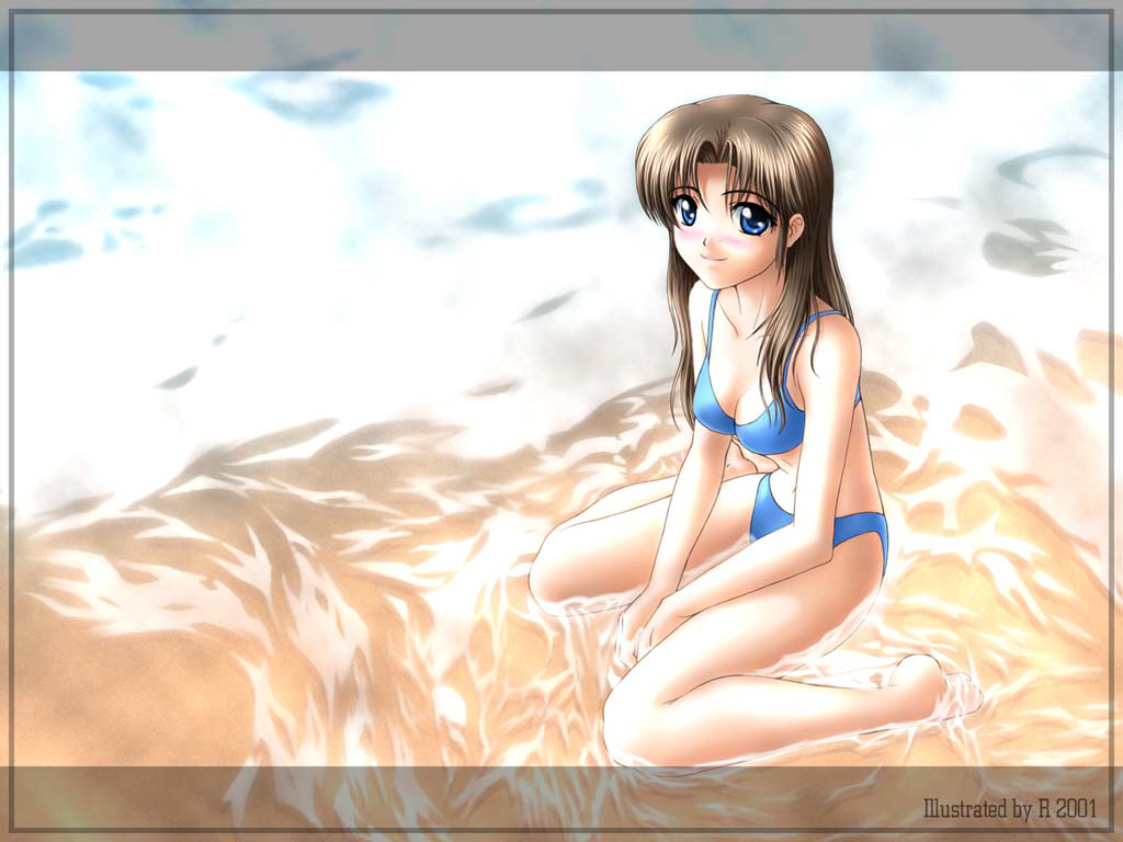 r's wallpaper studio, 1girl, barefoot, beach, bikini, blue bikini, blue eyes, breasts, brown hair, female focus, kneeling, looking at viewer, solo, swimsuit, water, waves