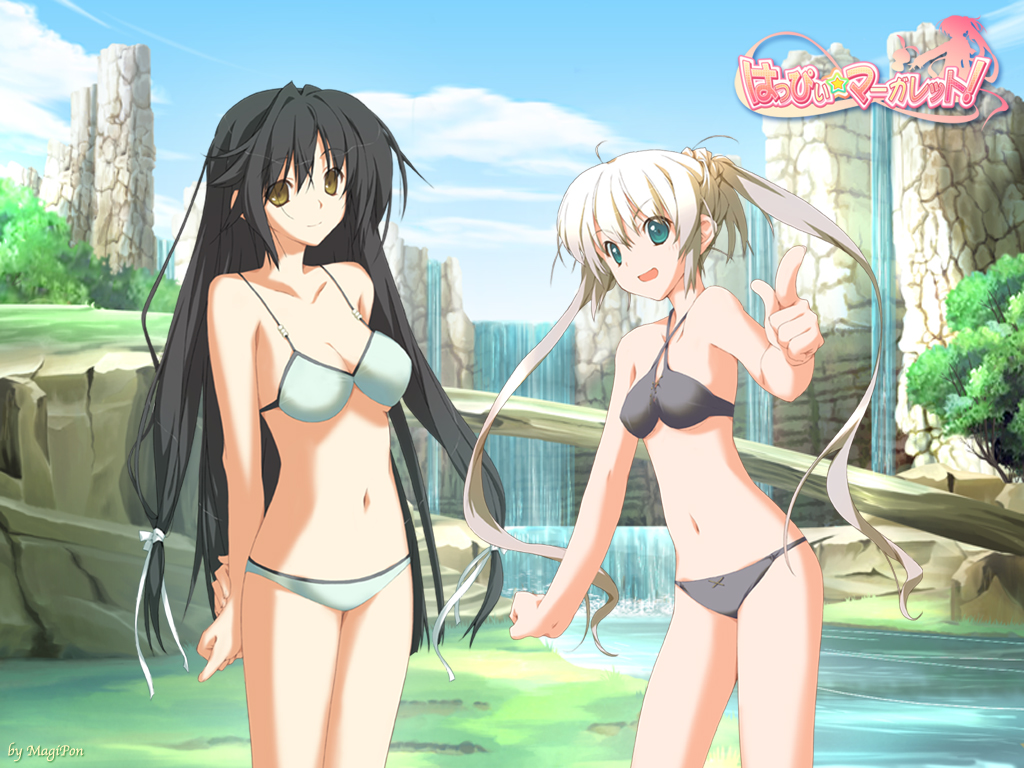 kokonoka, kitanoji nozomi, rindou saki, happy margaret, happy margaret!, 2girls, bikini, black hair, blonde hair, breasts, brown eyes, day, flat chest, green eyes, long hair, multiple girls, pointing, small breasts, swimsuit, water, waterfall