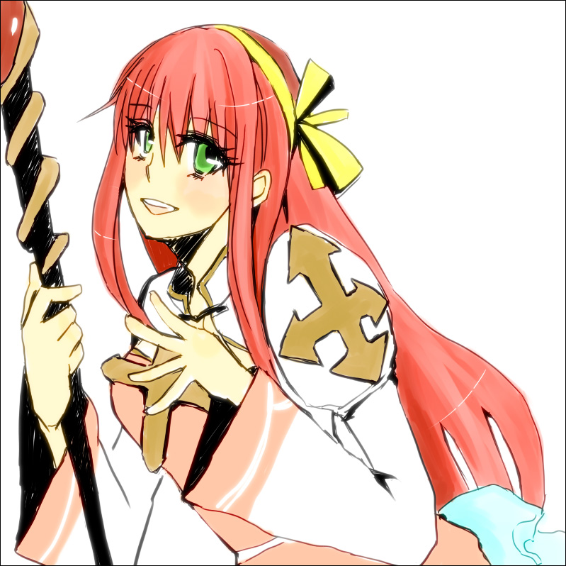 arch bishop (ragnarok online), ragnarok online, commentary request, 1girl, aoka (radruder), cross, dress, green eyes, hairband, holding, holding staff, juliet sleeves, long hair, long sleeves, looking at viewer, open mouth, pink dress, pink hair, puffy sleeves, sidelocks, simple background, smile, solo, staff, two-tone dress, upper body, white background, white dress, yellow hairband