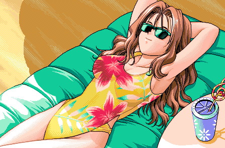 sawabe izumi, custom mate 3, pc98, game cg, lowres, non-web source, 1girl, brown hair, drinking straw, female focus, long hair, lying, on back, one-piece swimsuit, pc-98 (style), solo, sunglasses, swimsuit