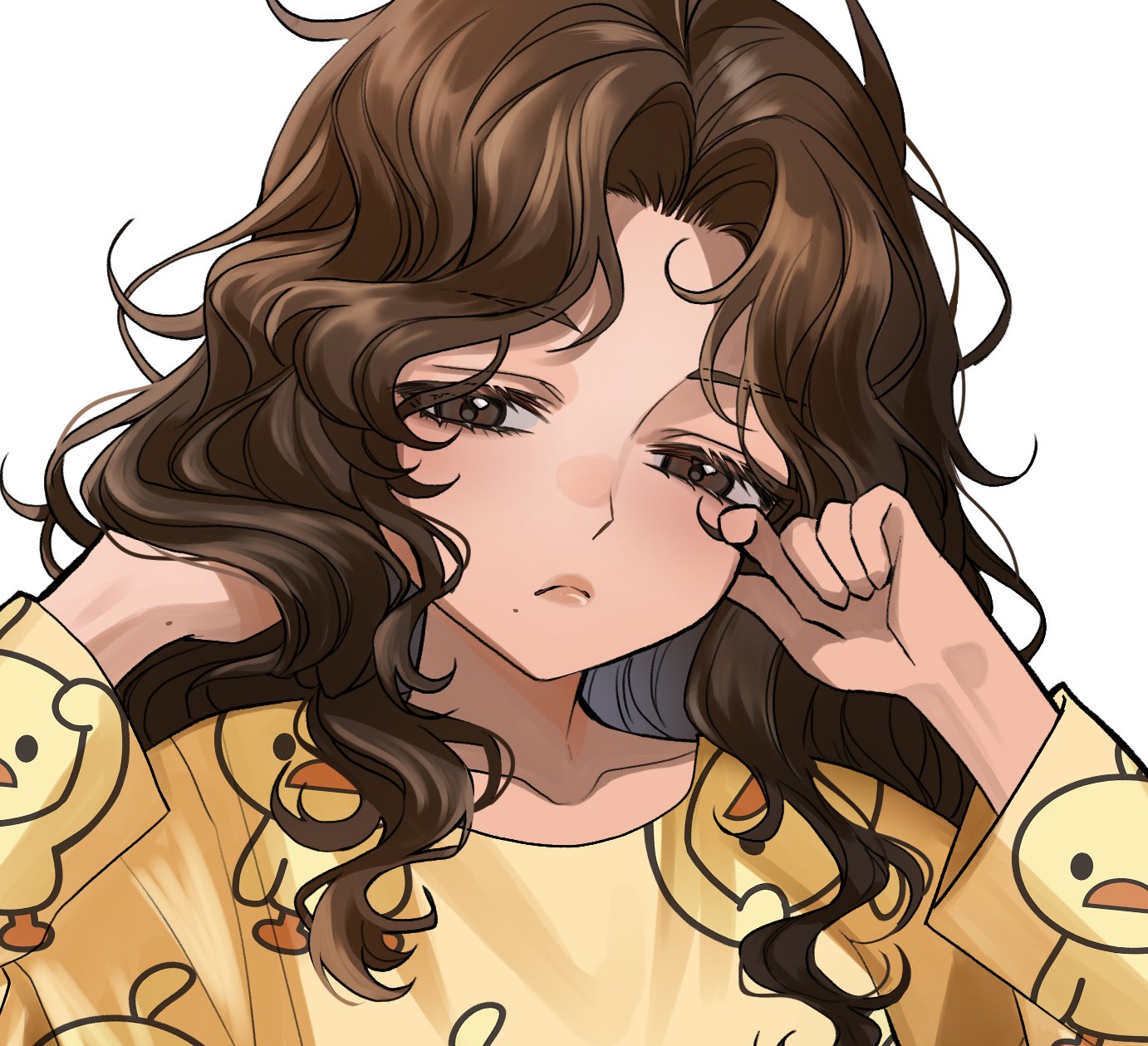 merururuu, original, commentary, english commentary, highres, 1girl, artist self-insert, brown eyes, brown hair, collarbone, dark-skinned female, dark skin, long hair, long sleeves, pajamas, simple background, white background, yellow pajamas