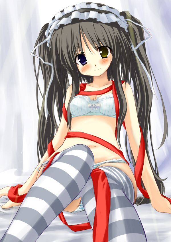 nanpuu, black hair, bra, hairband, heterochromia, lingerie, lolita hairband, long hair, panties, ribbon, solo, striped clothes, striped thighhighs, thighhighs, underwear