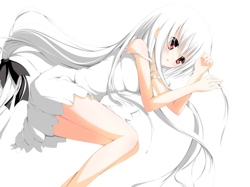 airast, non-web source, 1girl, dress, female focus, long hair, lying, red eyes, solo, white hair