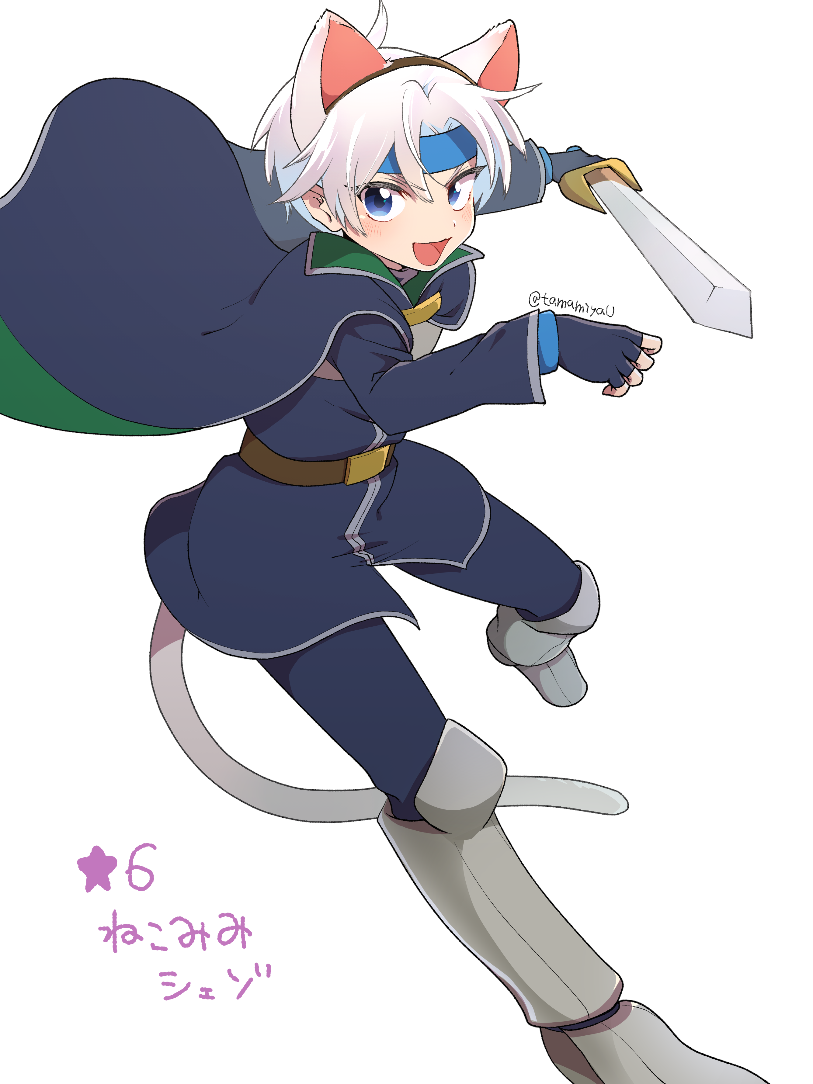 schezo wegey, madou monogatari, puyopuyo, absurdres, commentary request, highres, translation request, 1boy, animal ears, armor, belt, black cape, black coat, blue eyes, blue headband, cape, cat ears, cat tail, coat, greaves, headband, holding, holding sword, holding weapon, short hair, signature, simple background, sword, tail, tamamiyau, weapon, white hair