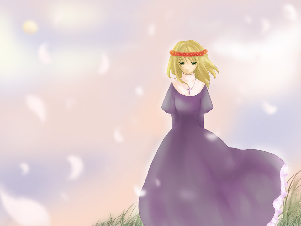 priest (ragnarok online), ragnarok online, commentary request, 1girl, blonde hair, blue sky, closed mouth, cloud, cloudy sky, cross, cross necklace, dress, feet out of frame, flower, full moon, grass, green eyes, head wreath, jewelry, juliet sleeves, long sleeves, looking at viewer, moon, necklace, outdoors, petals, puffy sleeves, purple dress, red flower, short hair, sky, smile, solo, standing, wind, yu (yutuku)