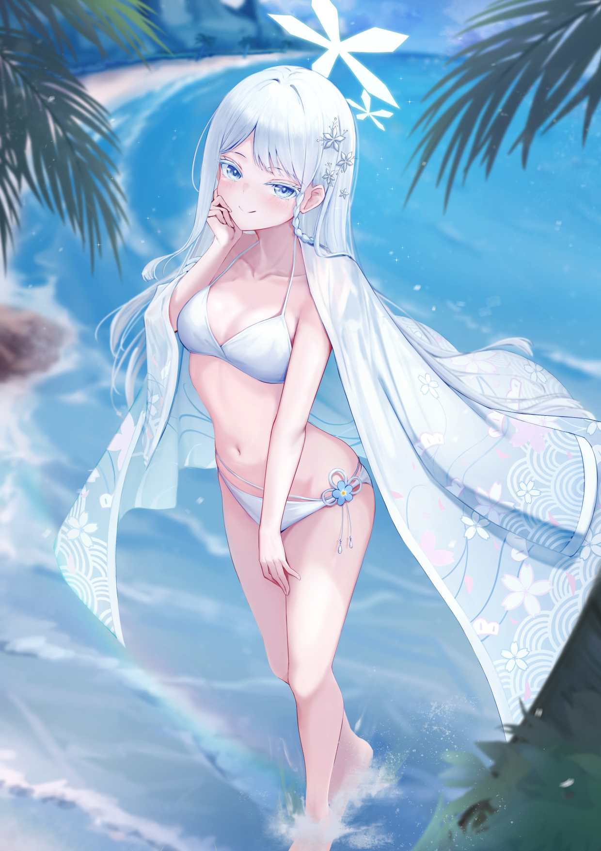 nezumi (09261377), nagusa (blue archive), nagusa (swimsuit) (blue archive), blue archive, commentary, highres, revision, 1girl, beach, bikini, blue eyes, blush, braid, breasts, closed mouth, collarbone, day, floating clothes, hair ornament, halo, halterneck, hand on own cheek, hand on own face, hand on own thigh, hand up, haori, haori on shoulders, japanese clothes, light particles, long hair, long sleeves, mountainous horizon, navel, ocean, official alternate costume, outdoors, palm tree, print haori, rock, shallow water, single braid, small breasts, smile, snowflake hair ornament, snowflake halo, solo, splashing, standing, stomach, string bikini, swimsuit, thighs, tree, very long hair, wading, water, waves, white bikini, white hair, white halo, white haori