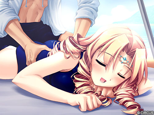 mika bluemeir polish, sukumizu 2, game cg, lowres, 1girl, blonde hair, circlet, drill hair, long hair, lying, massage, on stomach, one-piece swimsuit, sample watermark, school swimsuit, sunbathing, swimsuit, watermark