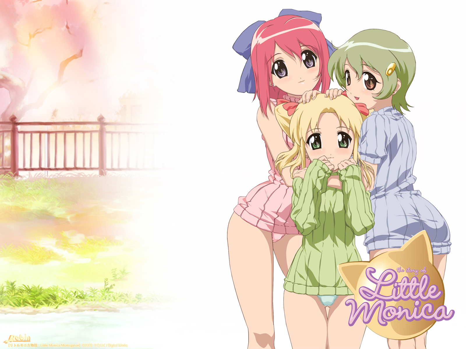 celia (little monica monogatari), may (little monica monogatari), tina (little monica monogatari), little monica monogatari, hand on head, wallpaper, highres, 3girls, blonde hair, blue eyes, blue panties, blush, green eyes, green hair, hairclip, hug, multiple girls, no pants, panties, pink eyes, pink hair, pink panties, purple eyes, short hair, siblings, sisters, smile, sweater, underwear