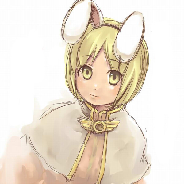 shi@yu, acolyte (ragnarok online), ragnarok online, 1girl, animal ears, blonde hair, brown shirt, capelet, closed mouth, fake animal ears, looking at viewer, rabbit ears, shirt, short hair, simple background, sketch, smile, solo, upper body, white background, white capelet, yellow eyes