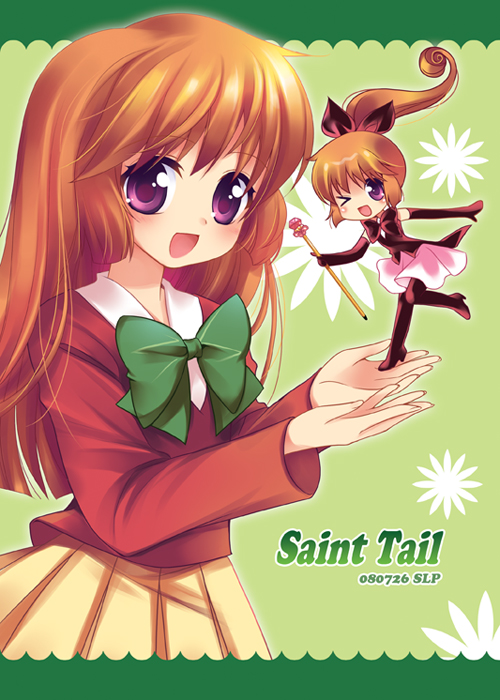 slp, haneoka meimi, saint tail, kaitou saint tail, 1990s (style), 2girls, chibi, dual persona, long hair, magical girl, multiple girls, orange hair, pantyhose, ponytail, purple eyes, school uniform