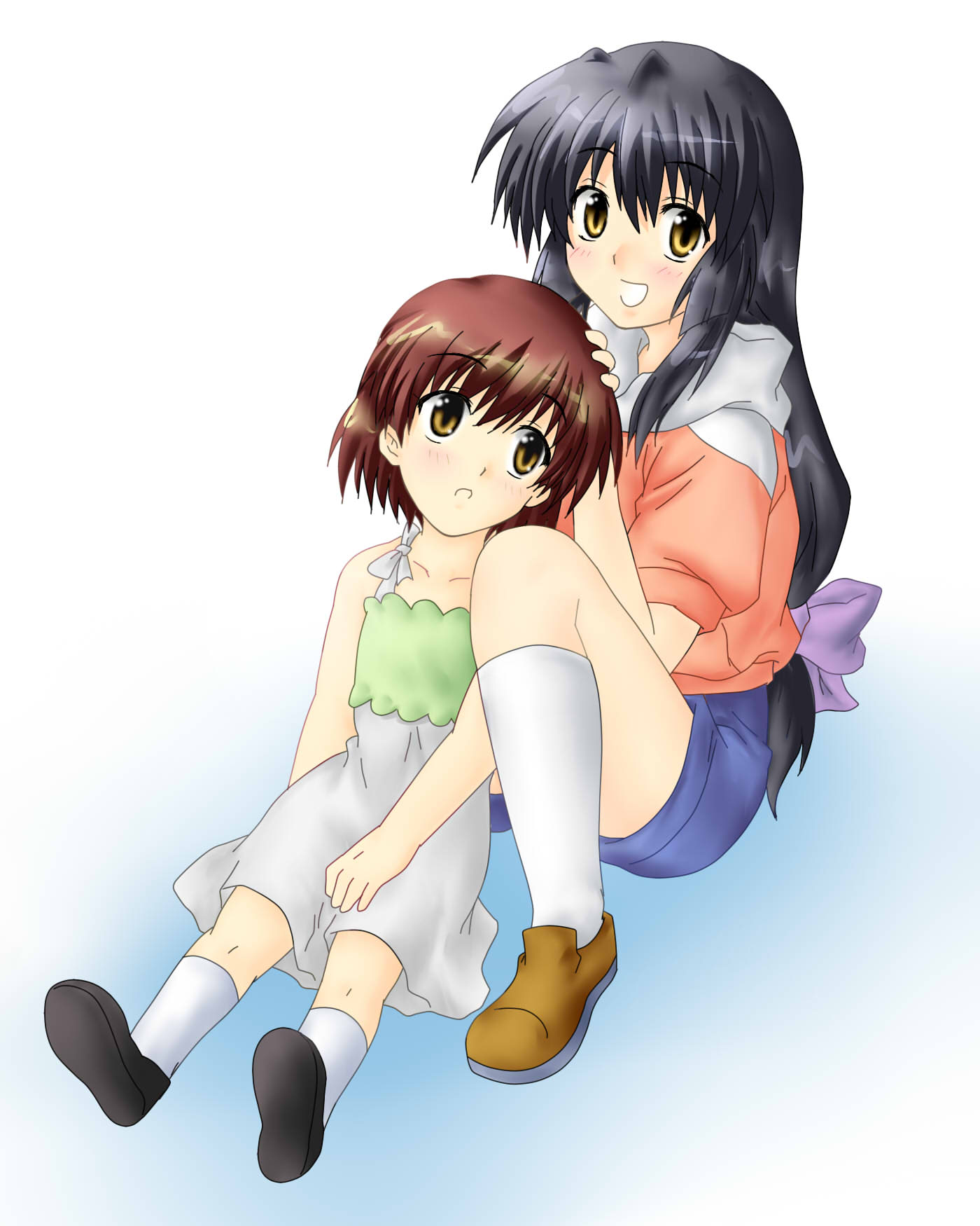tara (tara 12345), ibuki fuuko, okazaki ushio, clannad, highres, 00s, black hair, brown eyes, brown hair, long hair, short hair, yellow eyes