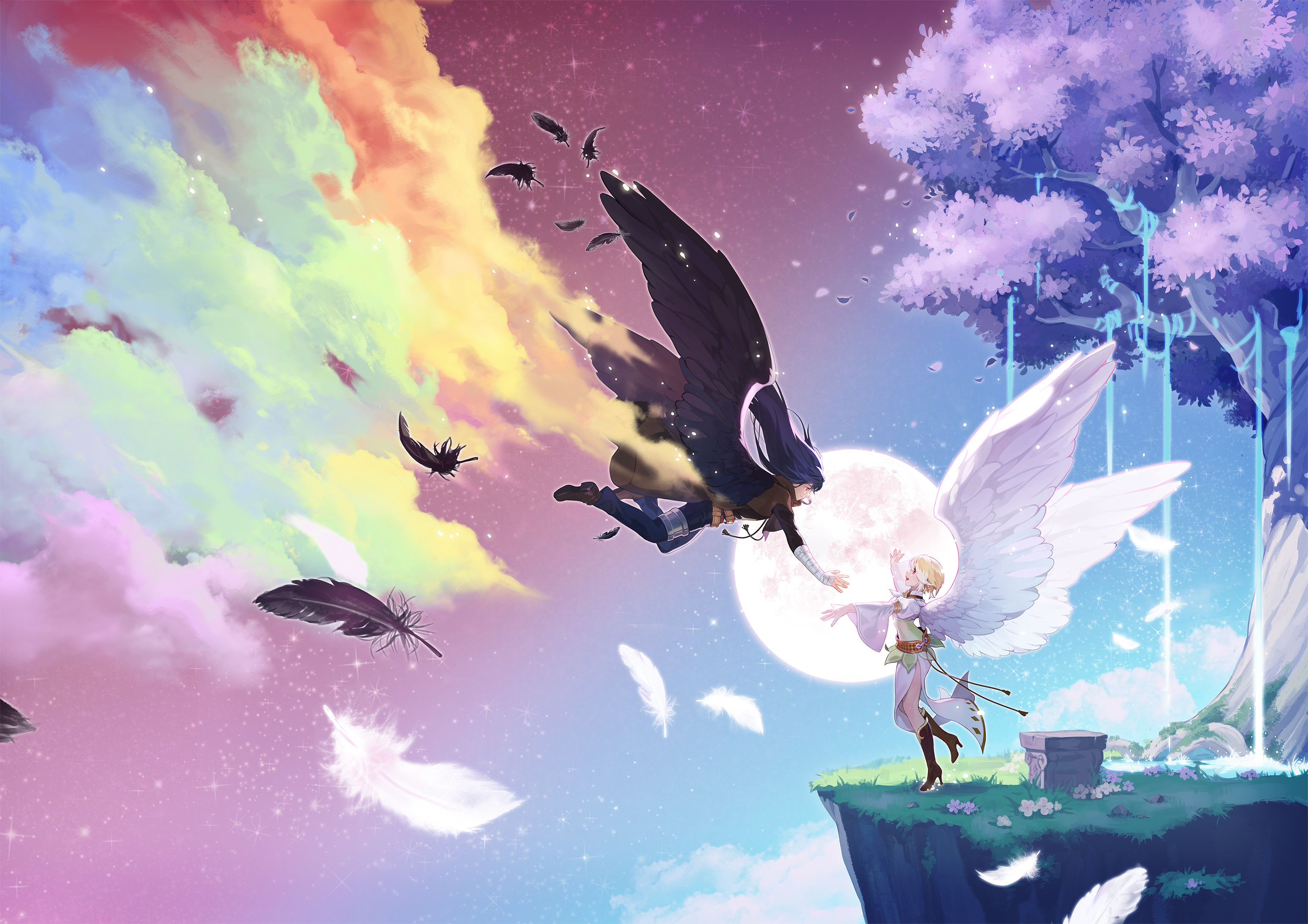 sang ah yoon, boris jinneman, isolestie (children of the rune), nexon, tales weaver, gold armlet, commentary, english commentary, highres, official art, 1boy, 1girl, ankle boots, arm wrap, armlet, belt, black feathers, black shirt, black wings, blonde hair, blue hair, blue pants, boots, brown belt, brown cape, brown capelet, cape, capelet, cloud, colorful, colorful background, dated commentary, feathered wings, feathers, flower, from side, full moon, grass, grey eyes, incoming hug, jewelry, juliet sleeves, leg wrap, lips, long sleeves, looking at another, moon, multiple belts, open hands, open mouth, outdoors, outstretched arm, outstretched arms, pants, pelvic curtain, profile, puffy sleeves, purple flower, purple leaf, shirt, single hair streak, skirt, sky, spread arms, star (sky), starry sky, teeth, tree, upper teeth only, water, white feathers, white flower, white hair, white shirt, white skirt, white wings, wide sleeves, wings