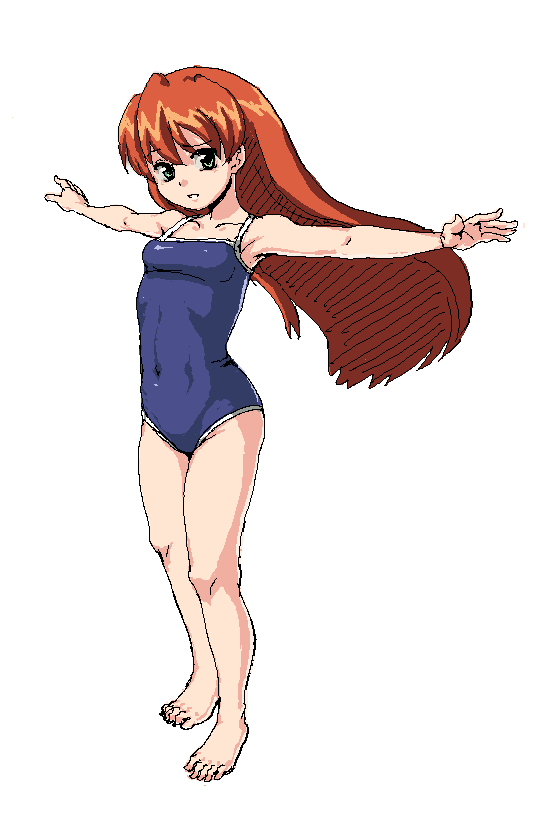 qrup470, armpits, barefoot, brown hair, feet, flat chest, green eyes, long hair, oekaki, one-piece swimsuit, outstretched arms, school swimsuit, solo, spread arms, swimsuit
