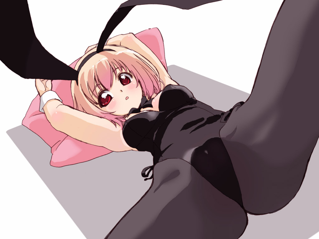tessai, original, animal ears, fake animal ears, from below, lying, pantyhose, pillow, pink hair, playboy bunny, rabbit ears, red eyes, short hair, solo, spread legs