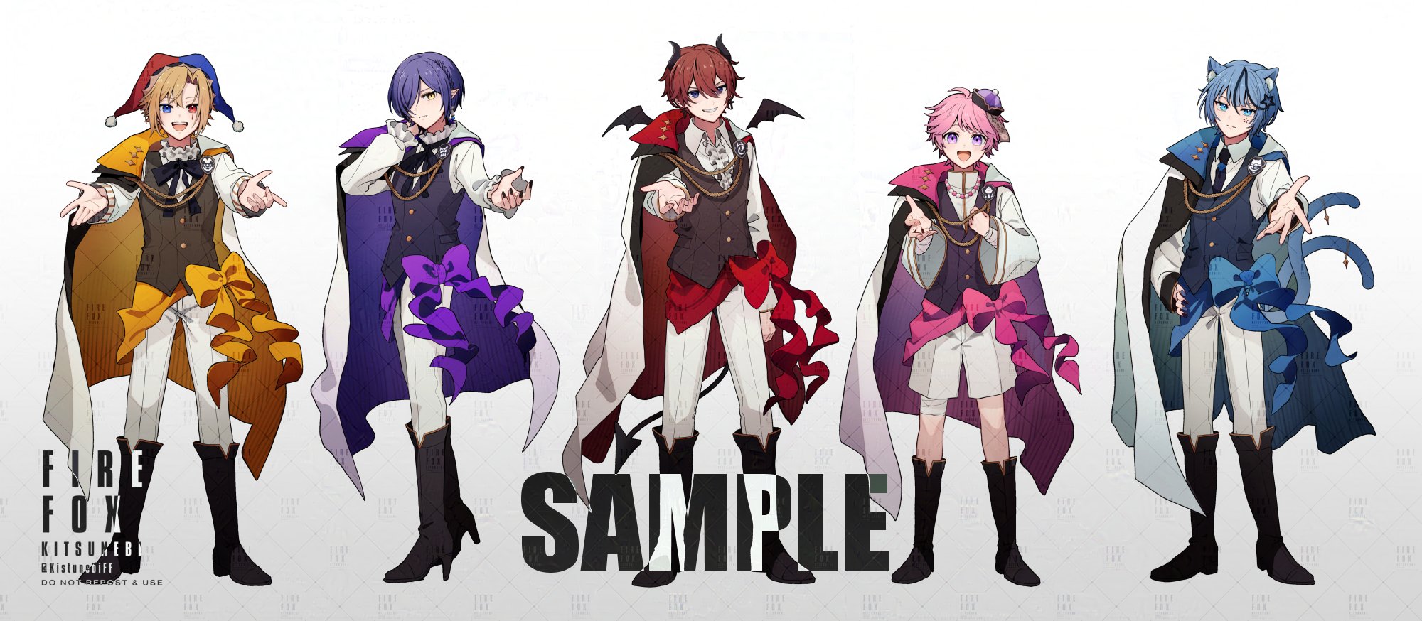 kitsunebi v3kokonn, highres, official art, 5boys, :d, ahoge, aiguillette, animal ears, anklet, aoto (doll's requiem), arm at side, bandaged arm, bandages, bead necklace, beads, beckoning, belt, black belt, black boots, black bow, black bowtie, black horns, black nails, black necktie, black ribbon, black wings, blonde hair, blue bow, blue cape, blue eyes, blue hair, blue nails, blue vest, boots, bow, bowtie, braid, brown vest, buttons, cape, cat boy, cat ears, cat tail, center-flap bangs, center frills, chess piece earrings, closed mouth, collared shirt, curtained hair, demon boy, demon tail, demon wings, detached wings, doll's requiem, double-breasted, earrings, fingernails, flower facial mark, frilled shirt collar, frills, full body, fumaru (doll's requiem), grin, hair ornament, hair over one eye, hand on own hip, hand on own neck, hand up, hat, heterochromia, high heel boots, high heels, horns, ito (doll's requiem), jester cap, jewelry, knee boots, lineup, long sleeves, looking at viewer, male focus, mini wings, misora (doll's requiem), multiple boys, multiple tails, nail polish, neck ribbon, necklace, necktie, nekomata, offering hand, open collar, open mouth, orange bow, orange sash, pants, pants tucked in, parted bangs, pink bow, pink cape, pink hair, pointy ears, purple bow, purple cape, purple eyes, purple hair, purple sash, purple vest, qingdai guanmao, red bow, red cape, red eyes, red hair, red sash, ribbon, sample watermark, sash, sharp fingernails, shirt, short hair, shorts, side braid, side cape, simple background, single earring, smile, standing, star (symbol), star hair ornament, swept bangs, tail, tail ornament, talisman, two-sided cape, two-sided fabric, two-tone hat, two tails, uni (doll's requiem), vest, waist sash, watermark, watermark grid, white background, white cape, white pants, white shirt, white shorts, wings, yellow cape