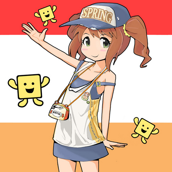 issei, takatsuki yayoi, idolmaster, mojipittan, resized, bag, baseball cap, brown hair, casual, flat chest, green eyes, handbag, hat, long hair, no nose, overalls, pixiv thumbnail, short hair, solo, twintails