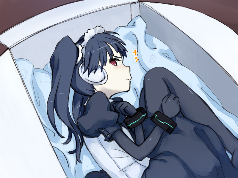 aratagawa nikei, glare (aki masanari), glare (game), commentary request, 1girl, android, black bodysuit, black dress, black hair, bodysuit, bodysuit under clothes, box, dress, feet out of frame, fetal position, frown, in box, in container, long hair, looking to the side, lying, maid headdress, on side, profile, puffy short sleeves, puffy sleeves, red eyes, robot ears, short dress, short sleeves, solo, twintails, v-shaped eyebrows, vest, white vest