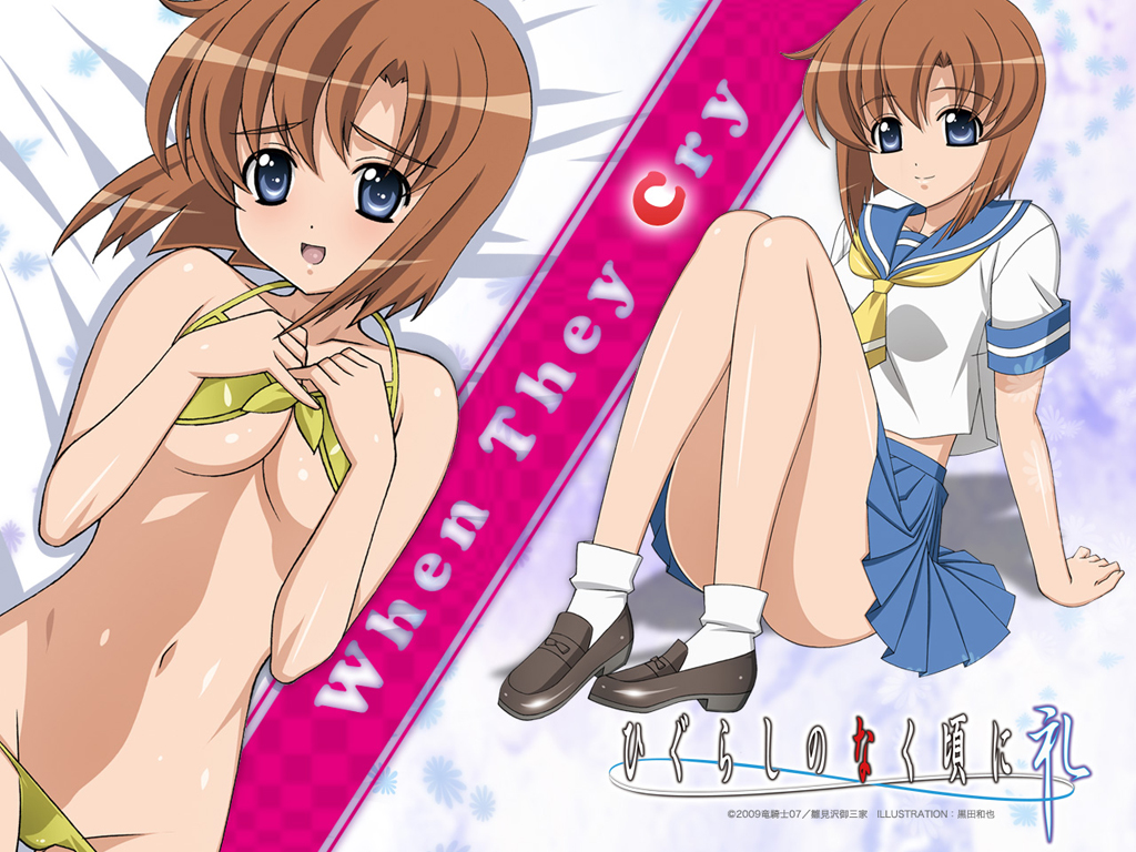 kuroda kazuya, ryuuguu rena, higurashi no naku koro ni, non-web source, official art, 00s, 1girl, bikini, blue eyes, bra, bra lift, breasts, breasts squeezed together, brown hair, cleavage, clothes lift, groin, lowleg, lowleg bikini, medium breasts, midriff, navel, school uniform, serafuku, short hair, sitting, skirt, smile, swimsuit, underboob, underwear, undressing
