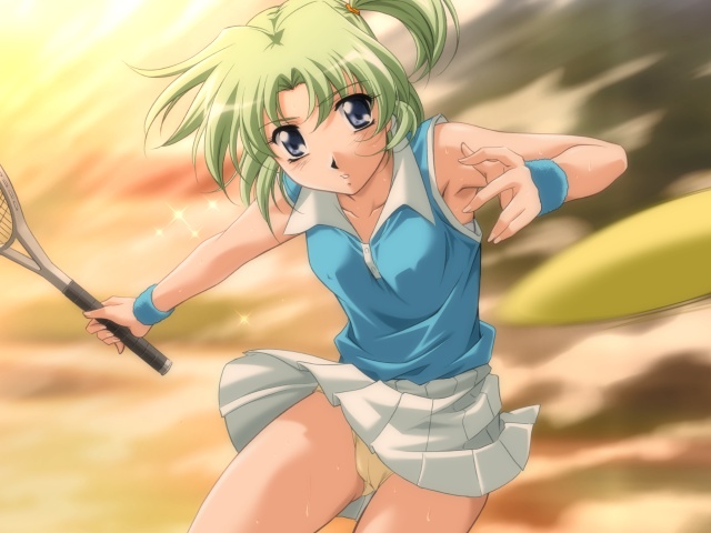 yamane masahiro, hasumi ren, shukketsubo, virgin roster, zyx, game cg, non-web source, 1girl, armpits, blue eyes, clothes lift, female focus, green hair, panties, pantyshot, racket, short hair, side ponytail, skirt, skirt lift, solo, sportswear, sweat, tennis, tennis racket, tennis uniform, twintails, underwear, wind, wind lift, wristband, yellow panties