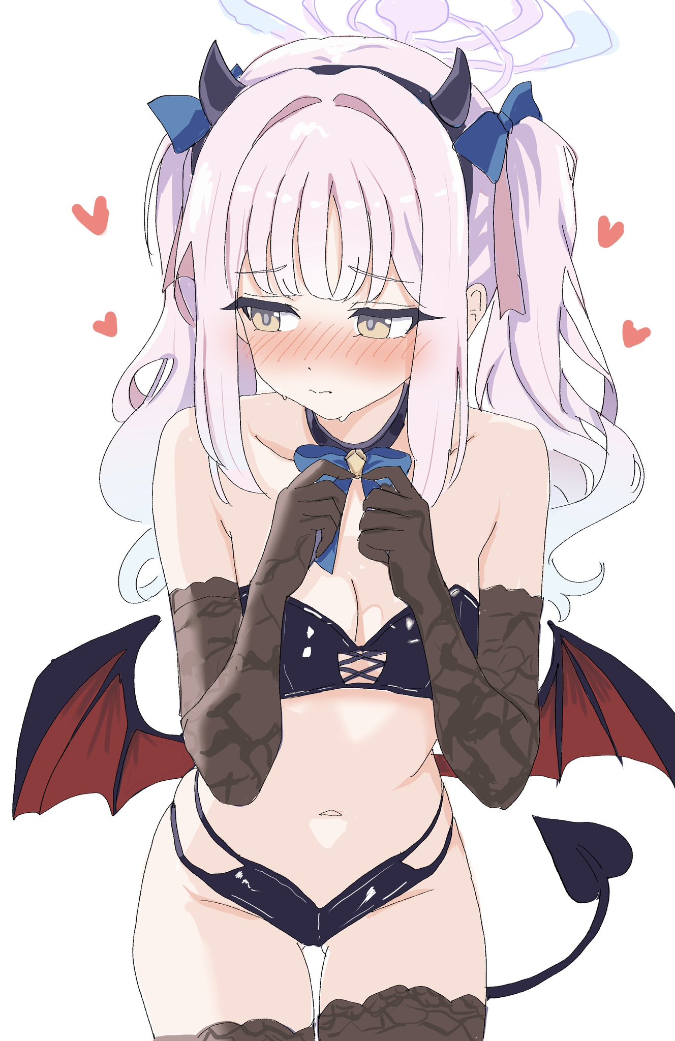 kamitosayu, mika (blue archive), blue archive, highres, 1girl, bare hips, bare shoulders, black sleeves, blue bow, blush, bow, bra, breasts, choppy bangs, cleavage, clothing cutout, collarbone, crop top, demon girl, demon horns, demon tail, demon wings, detached collar, detached sleeves, gloves, gluteal fold, gradient hair, groin, hair bow, hair intakes, halo, heart, highleg, horns, lace, lace sleeves, lace thighhighs, leaning forward, medium breasts, multicolored hair, navel, panties, pink hair, pink halo, shy, simple background, solo, spoken heart, stomach, string bra, sweatdrop, tail, thighhighs, thighs, twintails, underwear, white background, white hair, wings, yellow eyes