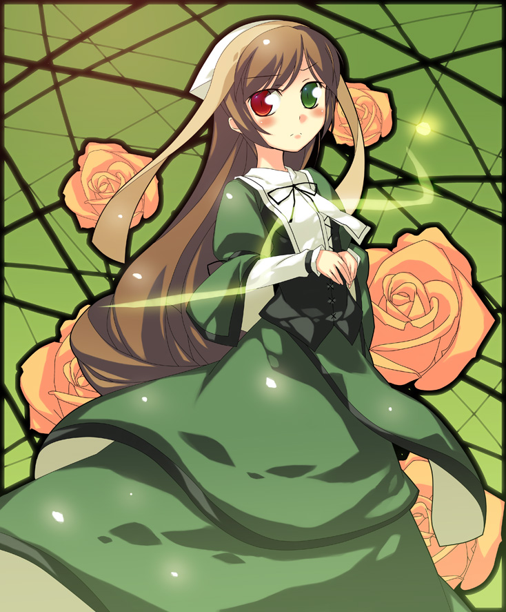 nu (plastic eraser), suiseiseki, rozen maiden, 00s, flower, headscarf, heterochromia, long hair, rose, solo, very long hair, white headscarf