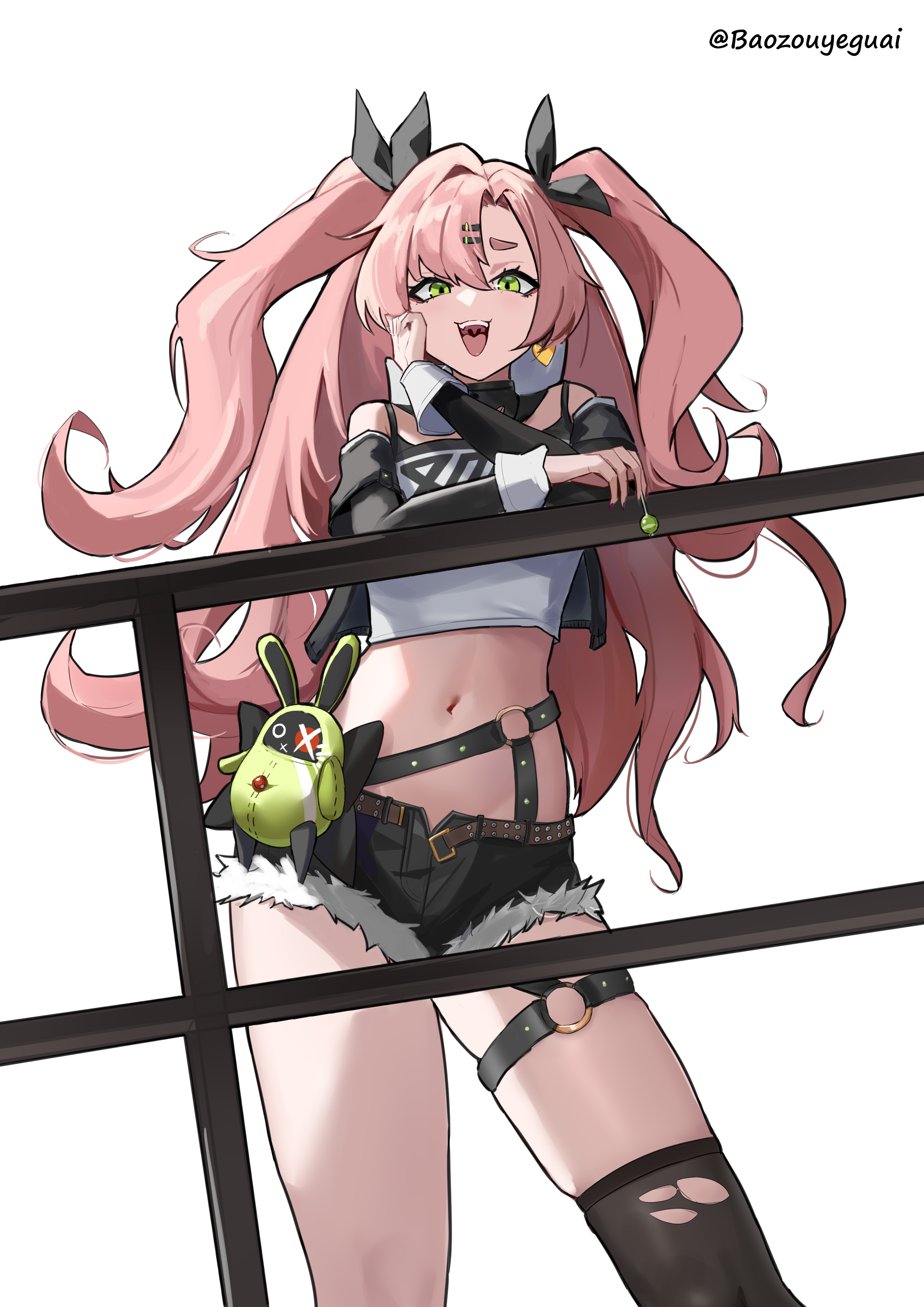 baozouyeguai, amillion (zenless zone zero), bangboo (zenless zone zero), nicole demara, zenless zone zero, absurdres, chinese commentary, commentary request, highres, 1girl, :d, artist name, black ribbon, black shorts, black thighhighs, crop top, cutoffs, green eyes, hair ribbon, long hair, long sleeves, looking at viewer, midriff, navel, open mouth, pink hair, ribbon, short shorts, shorts, simple background, single thighhigh, smile, solo, standing, stomach, thighhighs, thighs, two side up, very long hair, white background
