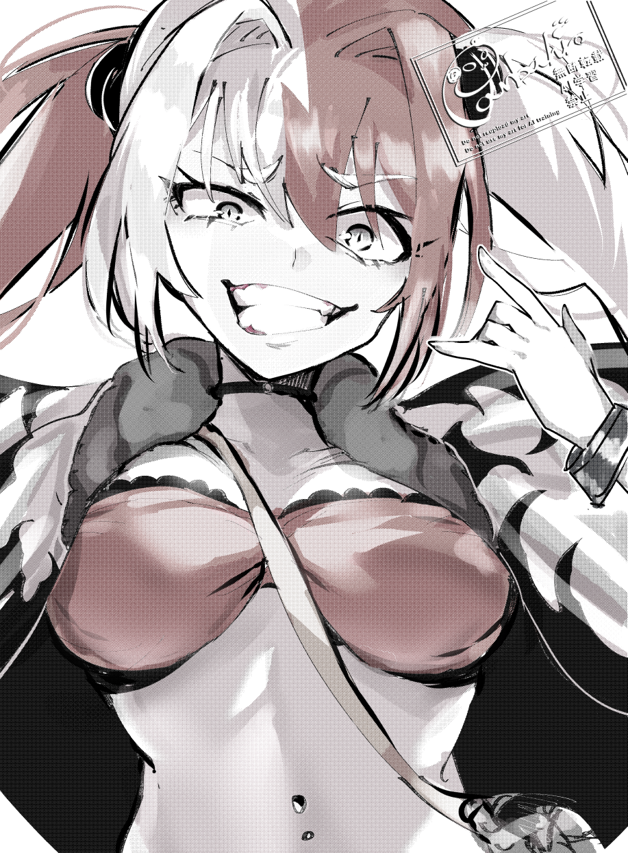 panda=hiro, matsunaga hisahide (fate), fate/grand order, fate (series), highres, 1girl, n/, bra, breasts, fur collar, hair ornament, long hair, looking at viewer, multicolored hair, navel piercing, piercing, red bra, red eyes, red hair, smile, solo, split-color hair, twintails, underwear, white hair