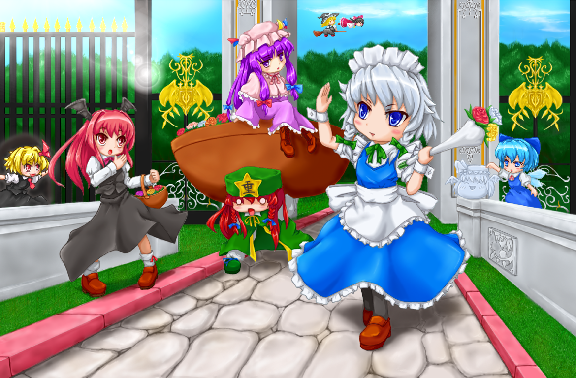 kinokobakudan, cirno, flandre scarlet, hakurei reimu, hong meiling, izayoi sakuya, kirisame marisa, koakuma, patchouli knowledge, remilia scarlet, rumia, embodiment of scarlet devil, touhou, 6+girls, bad anatomy, basket, bat wings, black hair, blonde hair, blue eyes, blue hair, bouquet, braid, broom, broom riding, chibi, crescent, detached sleeves, female focus, fence, flower, japanese clothes, long hair, maid, miko, multiple girls, pantyhose, poorly drawn, red eyes, ribbon, star (symbol), wings, yukkuri shiteitte ne