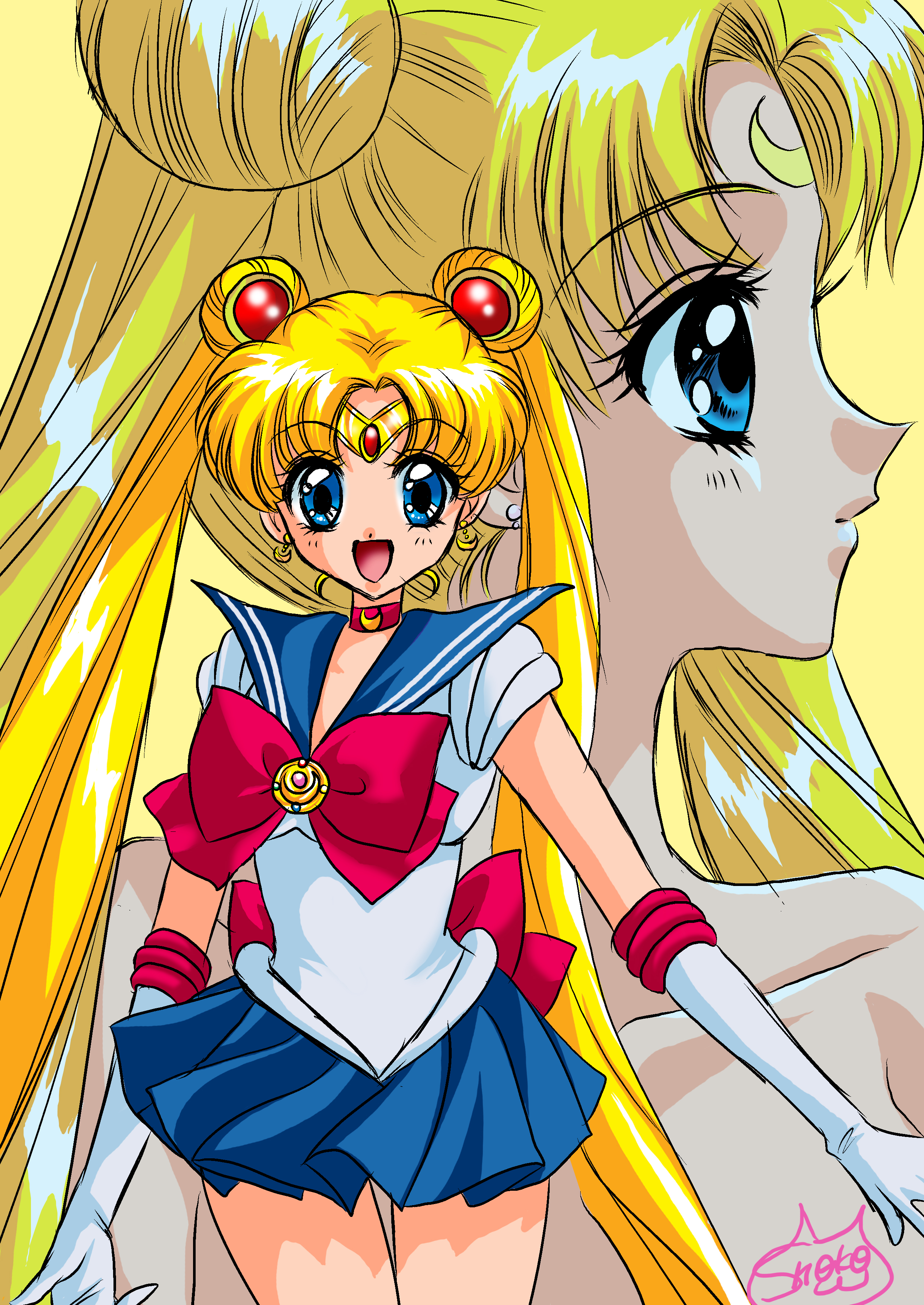 shoko-tan, sailor moon, tsukino usagi, bishoujo senshi sailor moon, bishoujo senshi sailor moon (first season), absurdres, highres, 1990s (style), 1girl, blonde hair, blue eyes, blue sailor collar, blue skirt, bow, double bun, dual persona, elbow gloves, gloves, hair bun, long hair, magical girl, multiple views, red bow, retro artstyle, sailor collar, school uniform, skirt, tiara, twintails, very long hair, white gloves
