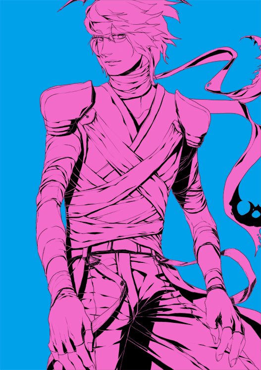 assassin (ragnarok online), ragnarok online, commentary request, 1boy, arisumi, armor, bandages over clothes, blue background, cowboy shot, fingerless gloves, glasses, gloves, looking at viewer, male focus, monochrome, open mouth, pants, pauldrons, pink theme, short hair, shoulder armor, simple background, smile, solo, wind